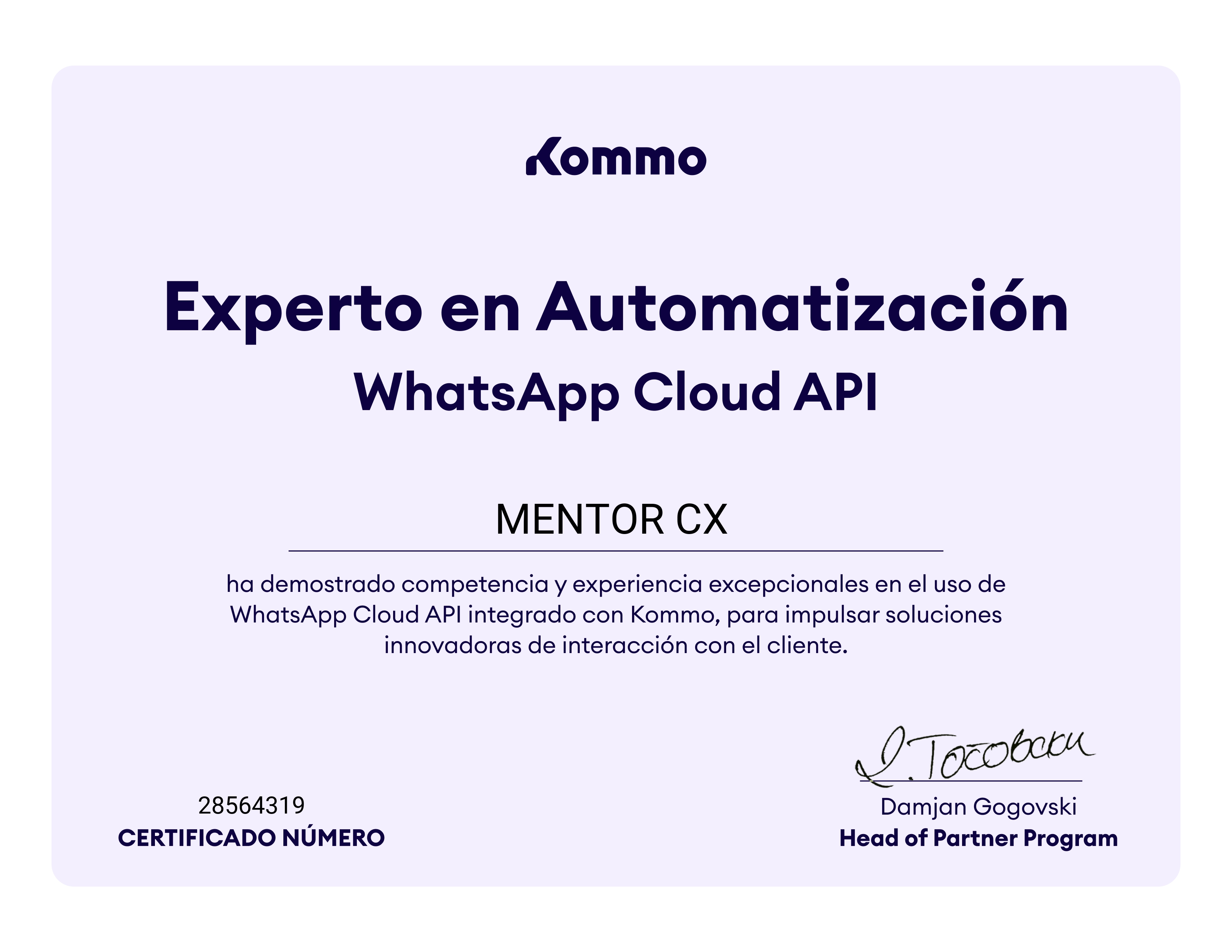Certificado de experto en automatización de WhatsApp Cloud API integrado con Kommo