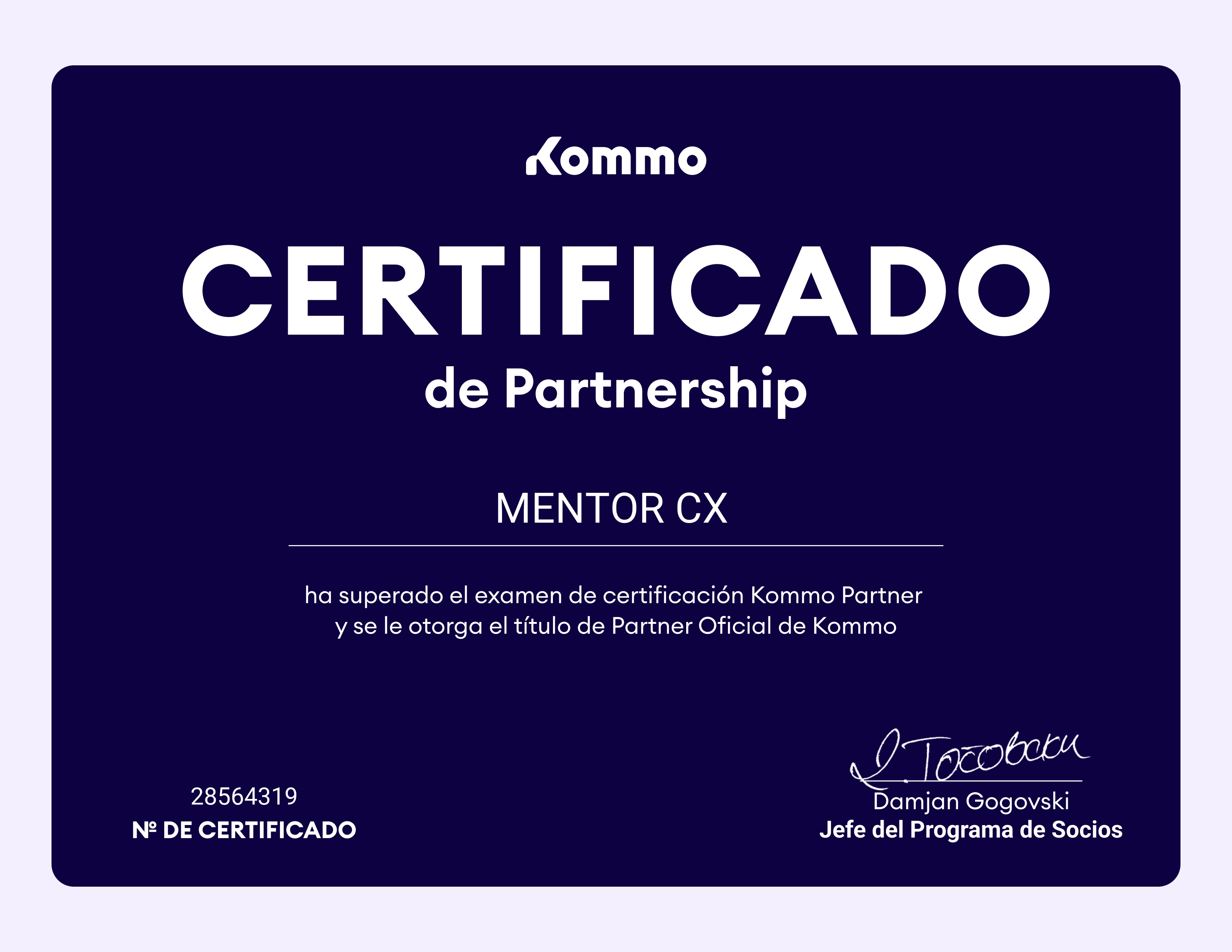 Certificado oficial de partnership de Kommo para Mentor CX