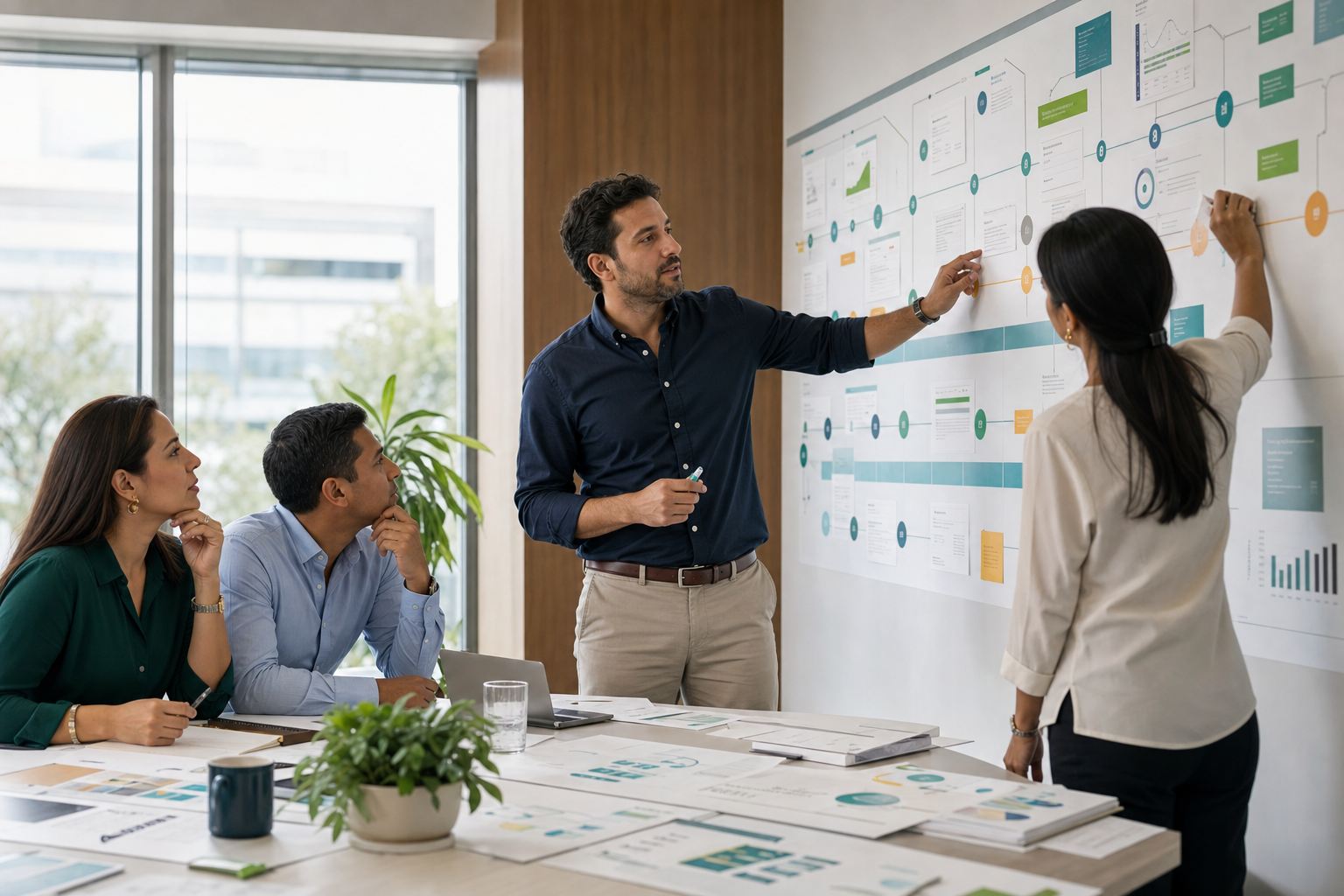 Consultor latinoamericano guiando a líderes en el diseño de un sistema de experiencia de cliente